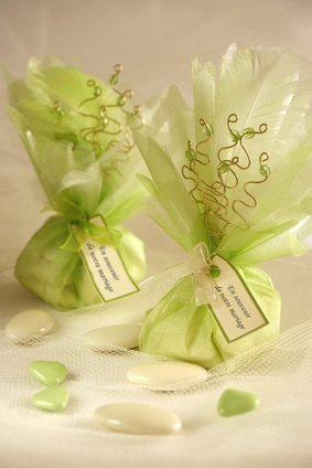 Sachets de dragées vert anis et plumes